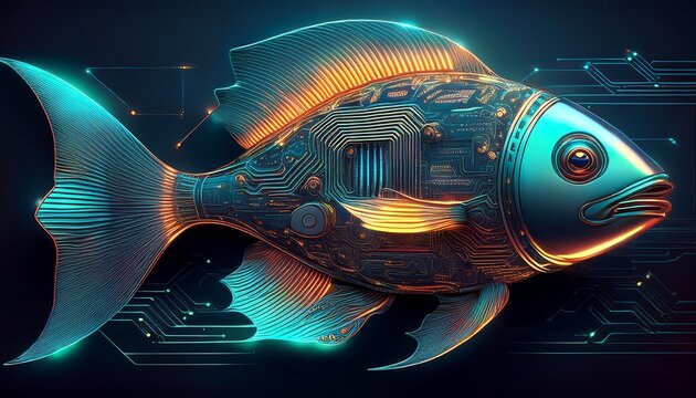futuristic circuit board fish 3d rendering digital art