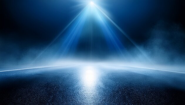 dark blue background depicting an empty foggy street with wet asphalt illuminated by a searchlight laser beams and smoke creating a mysterious atmosphere