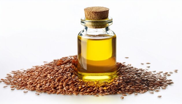 classic glass vial of flaxseed oil isolated on white background