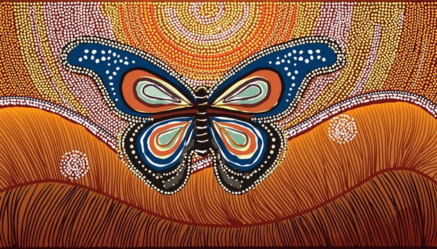 australian aboriginal dot painting style art dreaming with butterflies in traditional colors