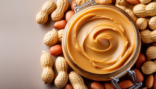close up of tasty creamy peanut butter with peanut nuts food background with free place for text