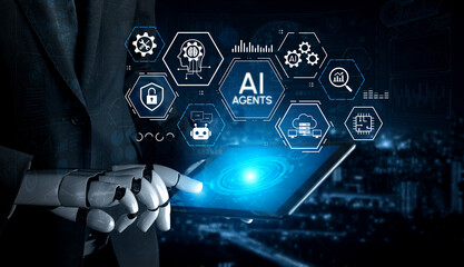 Obraz premium Futuristic Robotic Hand Holding Tablet with AI Agents Iconography and Digital Interface Overlay in Modern Cityscape Background. Entropy.