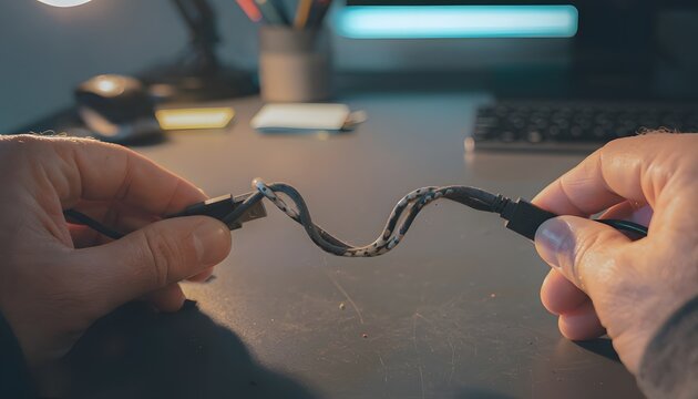 Two hands stretching a frayed cable.