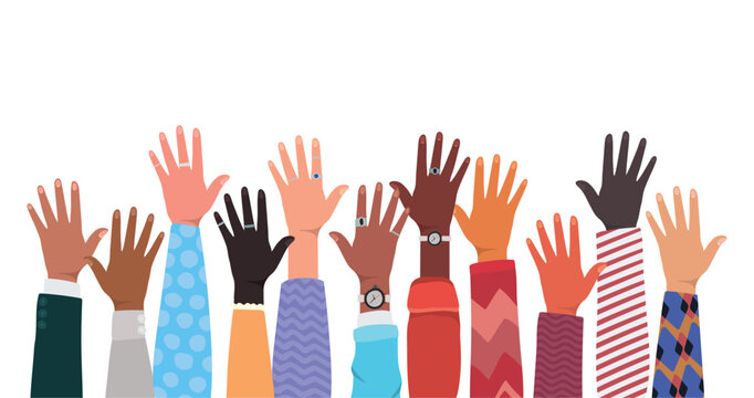Diverse raised hands of different skin tones, community, cooperation, volunteering, voting and teamwork concept, flat vector illustration