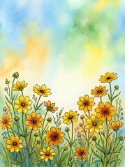 Fototapeta premium Watercolor wildflower meadow with yellow daisies and colorful sky background for spring greeting cards and botanical art projects.