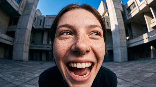 Woman Laughing Joyfully in Urban Courtyard