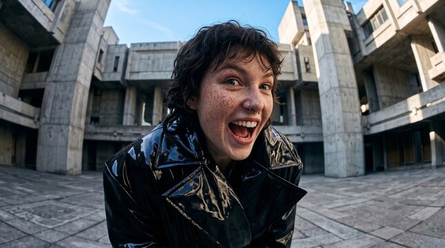 Young Woman Expressing Joy in Urban Courtyard