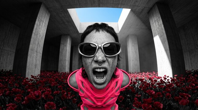 Expressive Person in Pink Jacket Among Red Flowers