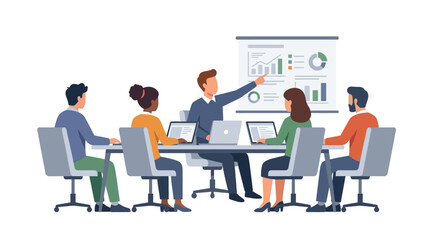 Obraz premium Business team meeting and presentation with charts flat illustration