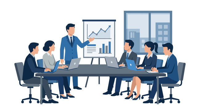 Business team meeting with professional presenter showing growth charts