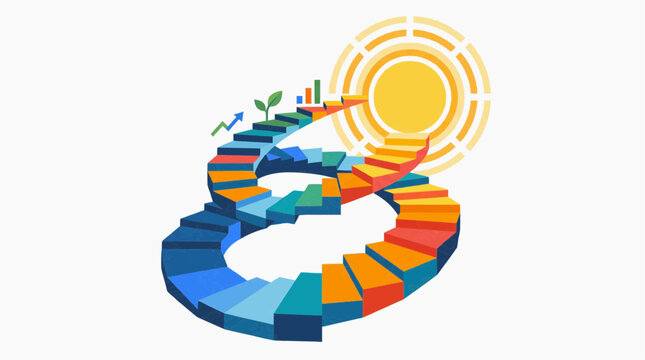 Spiral staircase with upward trend graph and sun symbol representing growth and success