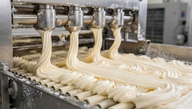 Medium shot of a frozen dessert extrusion line producing creamy ice cream with smooth texture soft mix flowing through shaping nozzles before blastfreezing for perfect consistency.