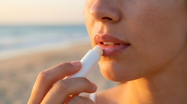 Close up of a woman applying white SPF lip balm on a beach at sunset, showing summer lip care and sun protection outdoors