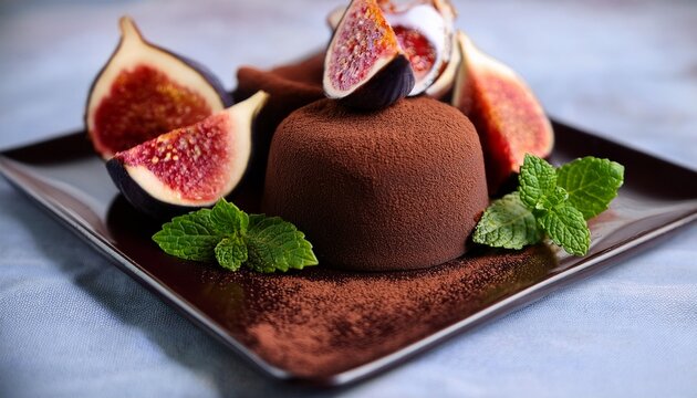 this exquisite chocolate dessert is beautifully presented with ripe figs and mint creating an attractive visual