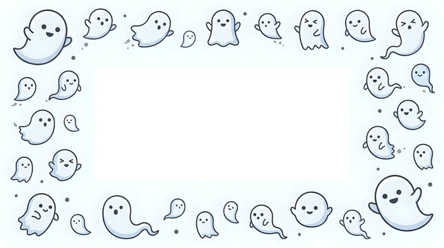Cute cartoon ghost doodles arranged as a decorative border frame on a white background