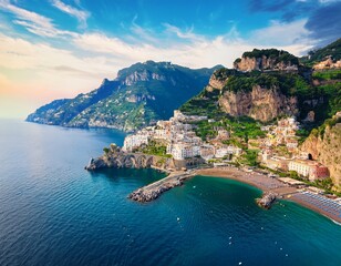 Obraz premium amalfi coast anime stunning aerial view of italian riviera vibrant colors cliffside towns