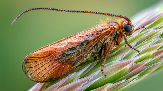 Macro Close Up of Caddisfly Agrypnia obsoleta Resting on Grass Stem