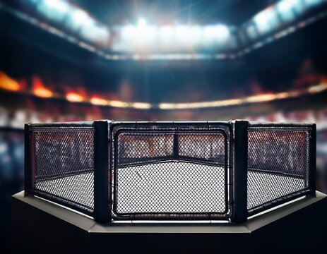 empty octagon mma cage close up blurred arena background stock photo