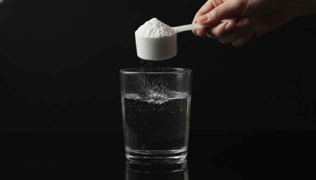 Hand pouring white supplement powder into glass of water