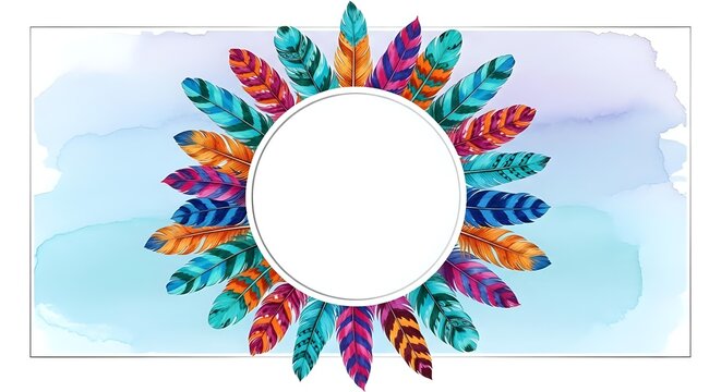 Colorful feather circle frame with watercolor background, isolated on white. Suitable for design projects, invitations, posters, and decorative applications.