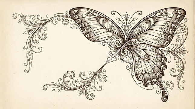 Intricate butterfly wing inspired ornament illustration with vintage decorative floral flourishes