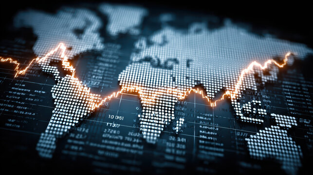 Digital world map financial chart glowing line blue background stock market data network abstract technology global economy market trend business analysis