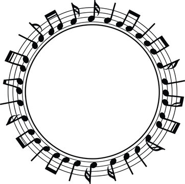 Circular Music Notes Frame: A decorative circular frame composed of musical notes and staff lines, perfect for adding a musical touch to designs.