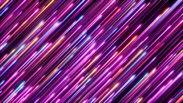 Diagonal neon streaks with pulsing glow, elongated blur trails, and bright hotspots crossing dark purple background in vivid magenta, cyan, and blue, with neon, streak, diagonal, magenta detail