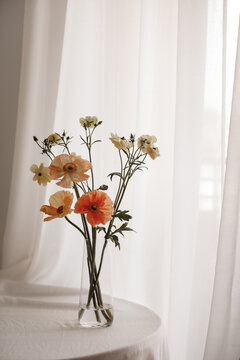 Bright ranunculus bouquet in glass vase with window light