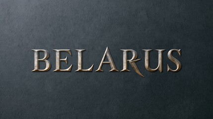 Fototapeta premium Belarus name engraved on a dark gray stone surface with silver and bronze text