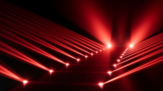 Abstract red stage lighting beams forming diagonal lines, converging toward illuminated central pathway with vivid glow, strong contrast, deep shadow, cinematic atmosphere, modern dynamic