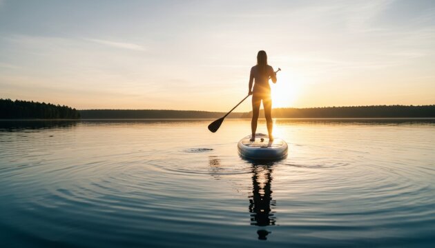 Woman paddleboarding on calm lake at sunset