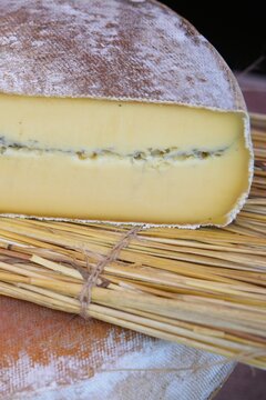 Wheel of fresh morbier cheese at a farmers market in France