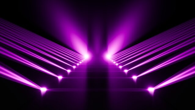 Symmetrical magenta stage lights converging toward central vanishing point above reflective stepped pathway with deep black background and dramatic high contrast atmosphere