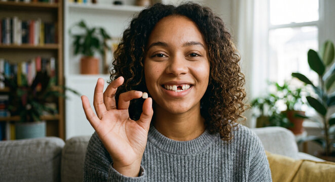 A smiling young woman with curly hair showing a missing front tooth while holding up her fallen tooth sitting in a bright room.