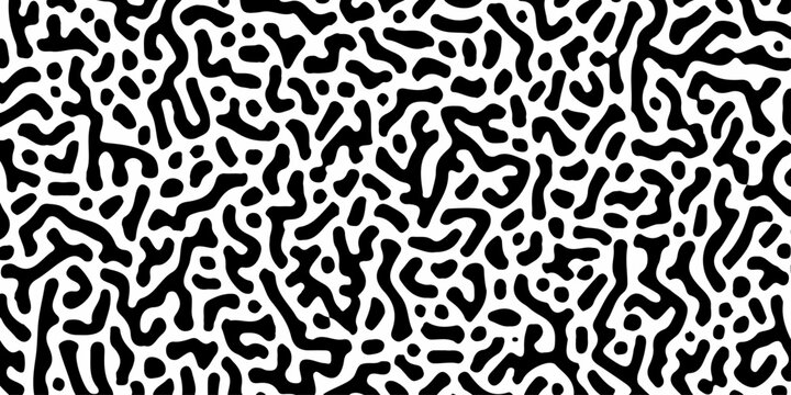 A seamless, abstract pattern of organic, flowing shapes in stark black and white, creating a visually dynamic and complex texture that suggests cellular structures or natural formations.