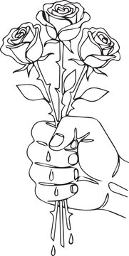 Hand tightly gripping a thorny bouquet of three roses with dripping blood, intense black and white vector illustration