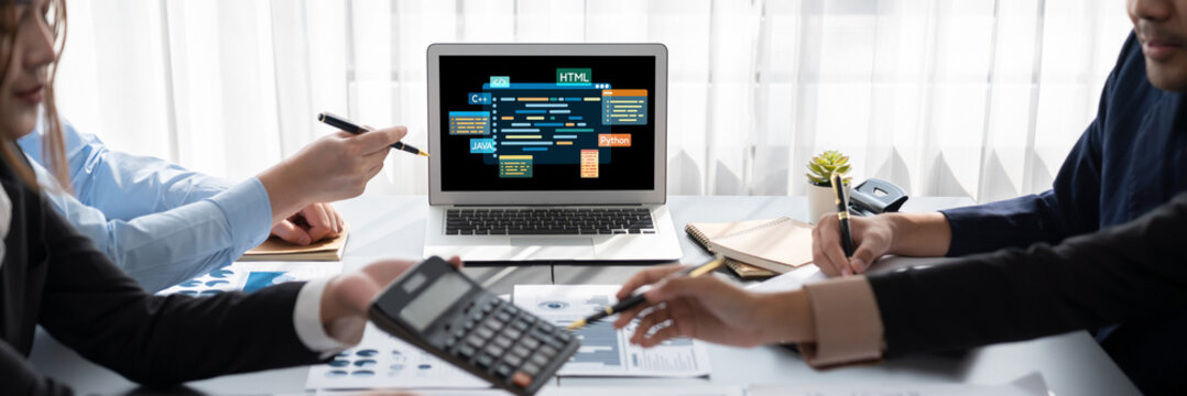 Software development or programming work with coding screen of various programming languages like HTML, , , and C brisk for new application development