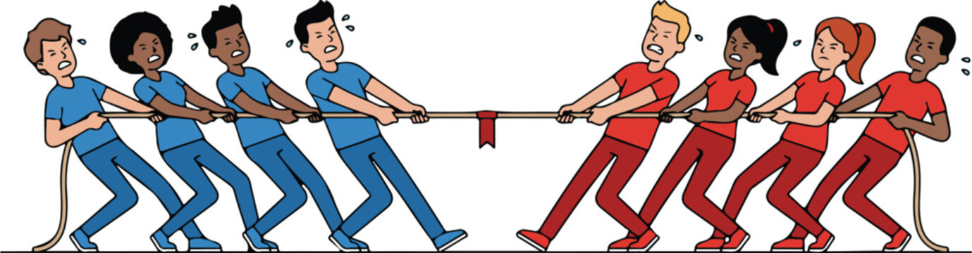 Two teams of four people competing in a tug-of-war game, pulling on opposite sides of a rope with a red marker in the center, colorful vector illustration