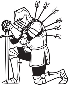 Fallen knight in armor kneeling with multiple arrows in his back and holding onto a sword, simple black and white vector line illustration