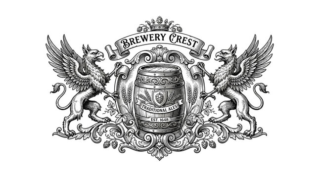 Hand drawn vintage brewery crest with griffins and barrel.