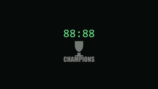 Champions trophy digital countdown timer animation with green numbers on 4k black background