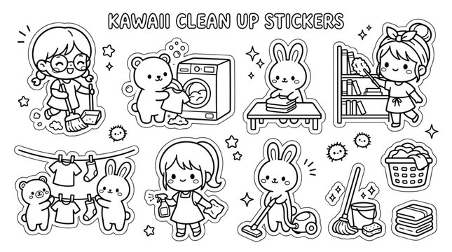 Cute chibi girl cleaning up stickers for planners.