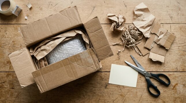 Packing Supplies and Open Cardboard Box with Bubble Wrap and Paper