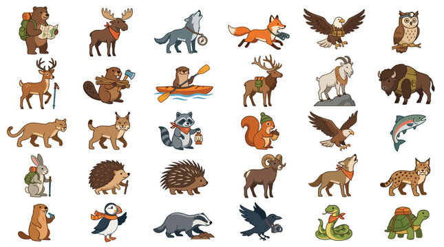 Detailed North American wildlife animal character illustration set.