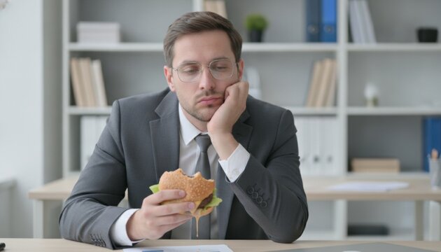 Bored tired businessman eating unhealthy burger lunch in office