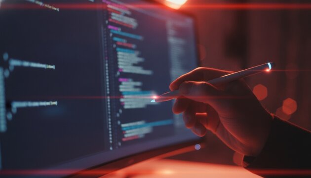 Software developer reviewing code with stylus on screen