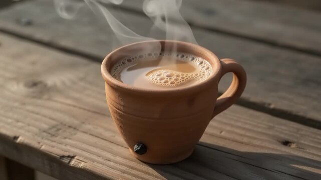Steaming hot clay cup of chai tea, beverage with milk and spices, on rustic wooden planks, morning light, cozy atmosphere