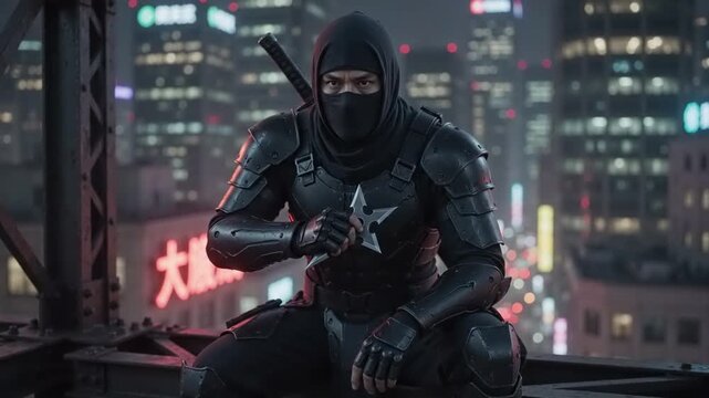 A stealthy ninja warrior in full black tactical armor and mask crouches on a rooftop at night, holding a shuriken, with a blurred cityscape of neon lights in the background, conveying danger and
