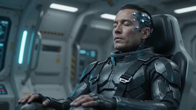 Man with futuristic cybernetic implants on head meditating in spaceship cockpit, science fiction, technology, future concept